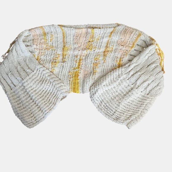 FREE PEOPLE Distressed Drive Through Crema Bell Sleeve Sweater M/L Crop Boho - Picture 4 of 10